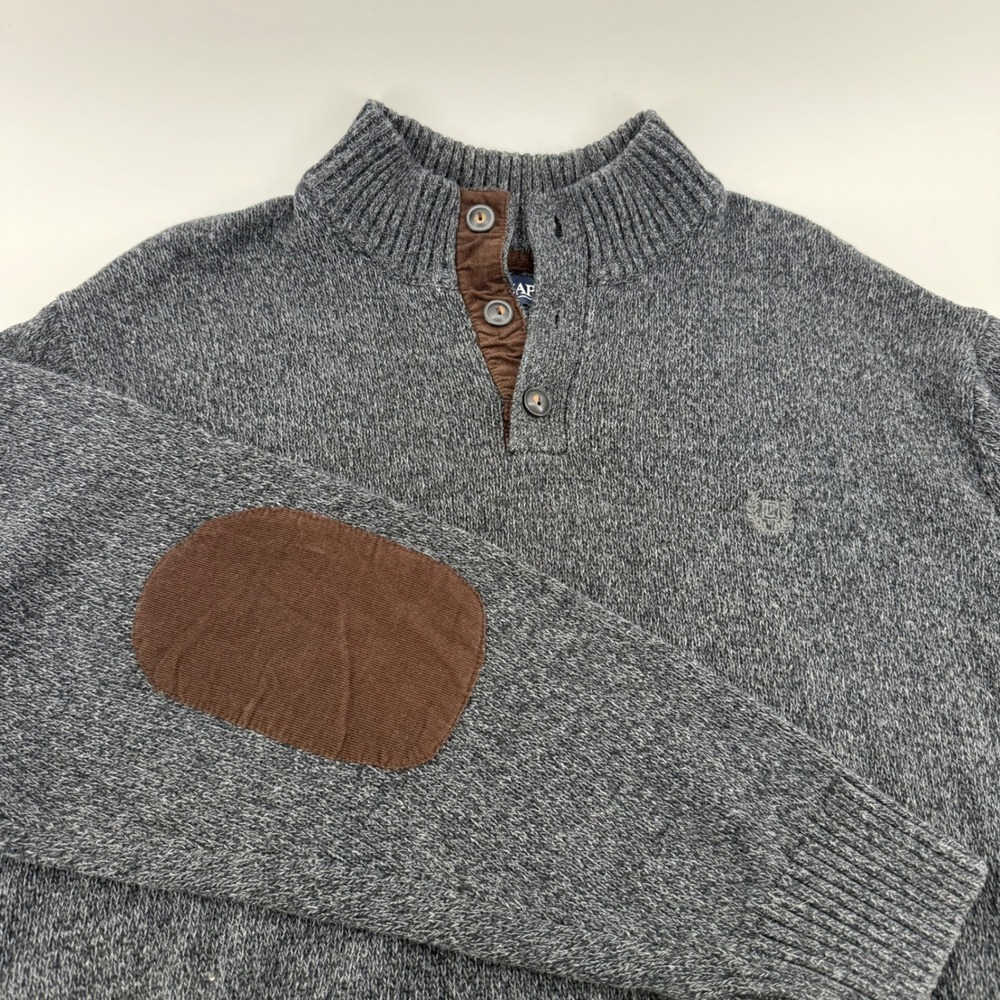 Chaps Mens 2XB Mock Neck Sweater Gray Cotton Elbow Patches Pullover